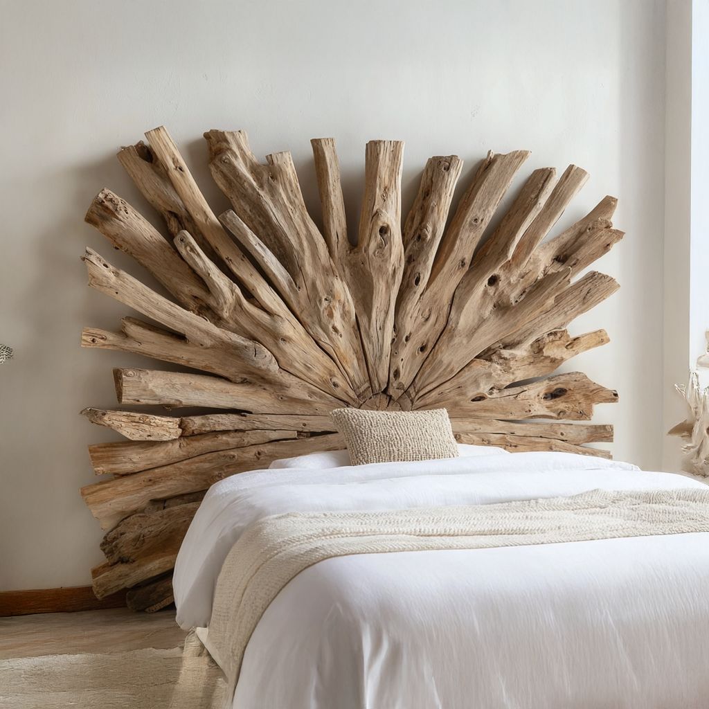 Handcrafted driftwood headboard with a vintage look, perfect for rustic bedroom decor or as a unique home gift