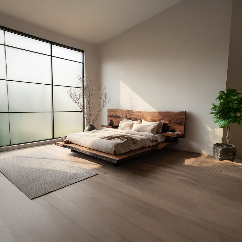 Rustic wooden bedframe styled in a cozy farmhouse bedroom, showcasing natural wood texture and vintage charm-1