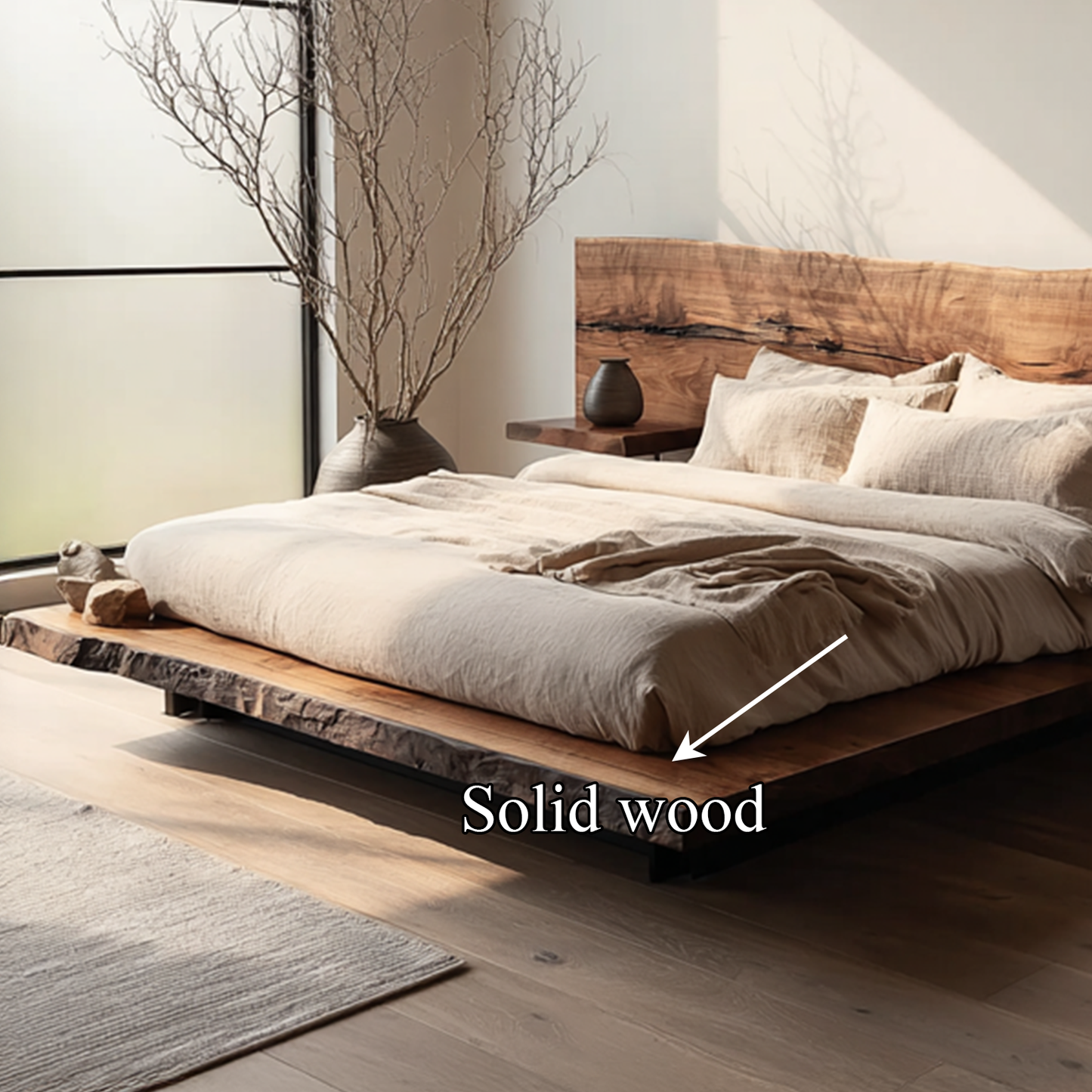 Rustic wooden bedframe styled in a cozy farmhouse bedroom, showcasing natural wood texture and vintage charm-2