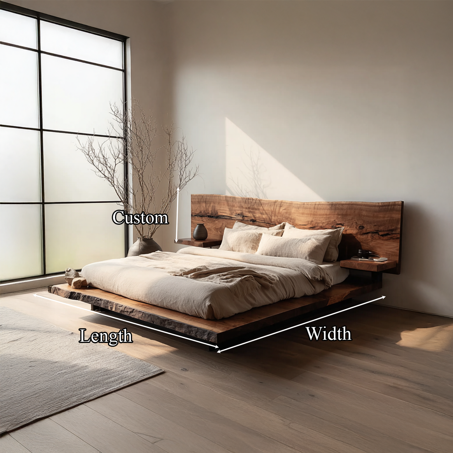 Rustic wooden bedframe styled in a cozy farmhouse bedroom, showcasing natural wood texture and vintage charm-3