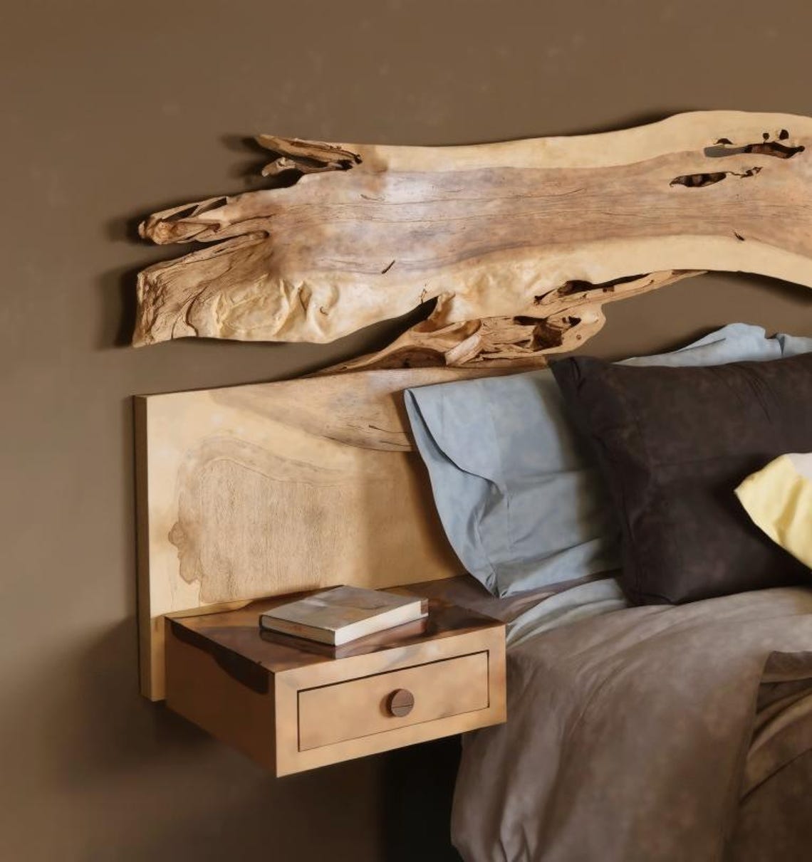 Live edge wooden headboard with built-in shelf in a modern bedroom setting, featuring natural wood grain and organic design-1