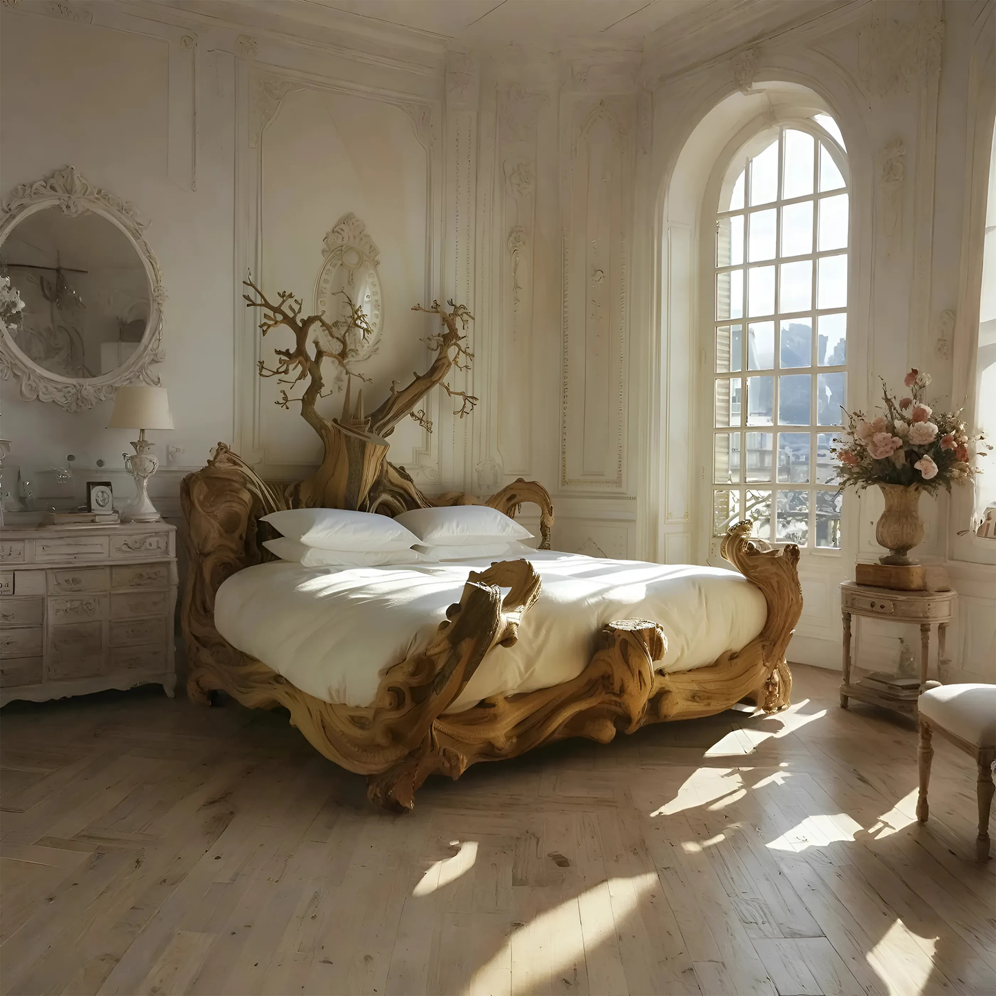 Rustic solid wood bed frame, handcrafted for a natural and warm bedroom decor-1