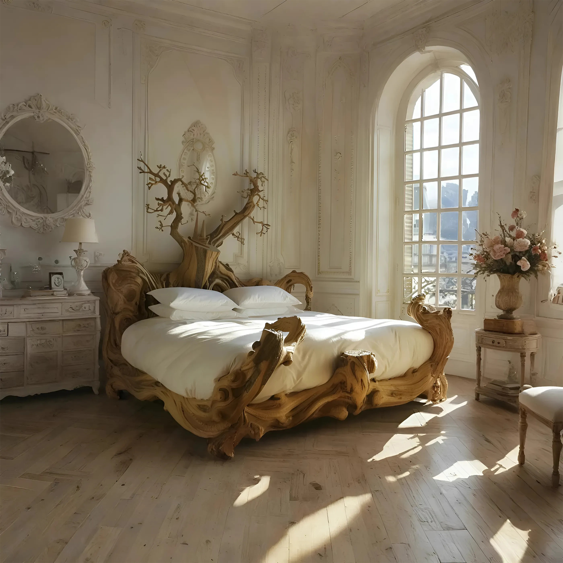 Rustic solid wood bed frame, handcrafted for a natural and warm bedroom decor-1