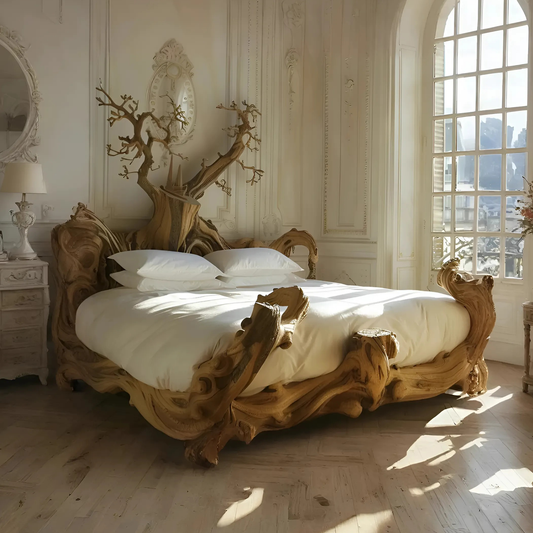 Rustic solid wood bed frame, handcrafted for a natural and warm bedroom decor