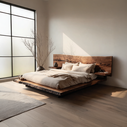 Rustic wooden bedframe styled in a cozy farmhouse bedroom, showcasing natural wood texture and vintage charm